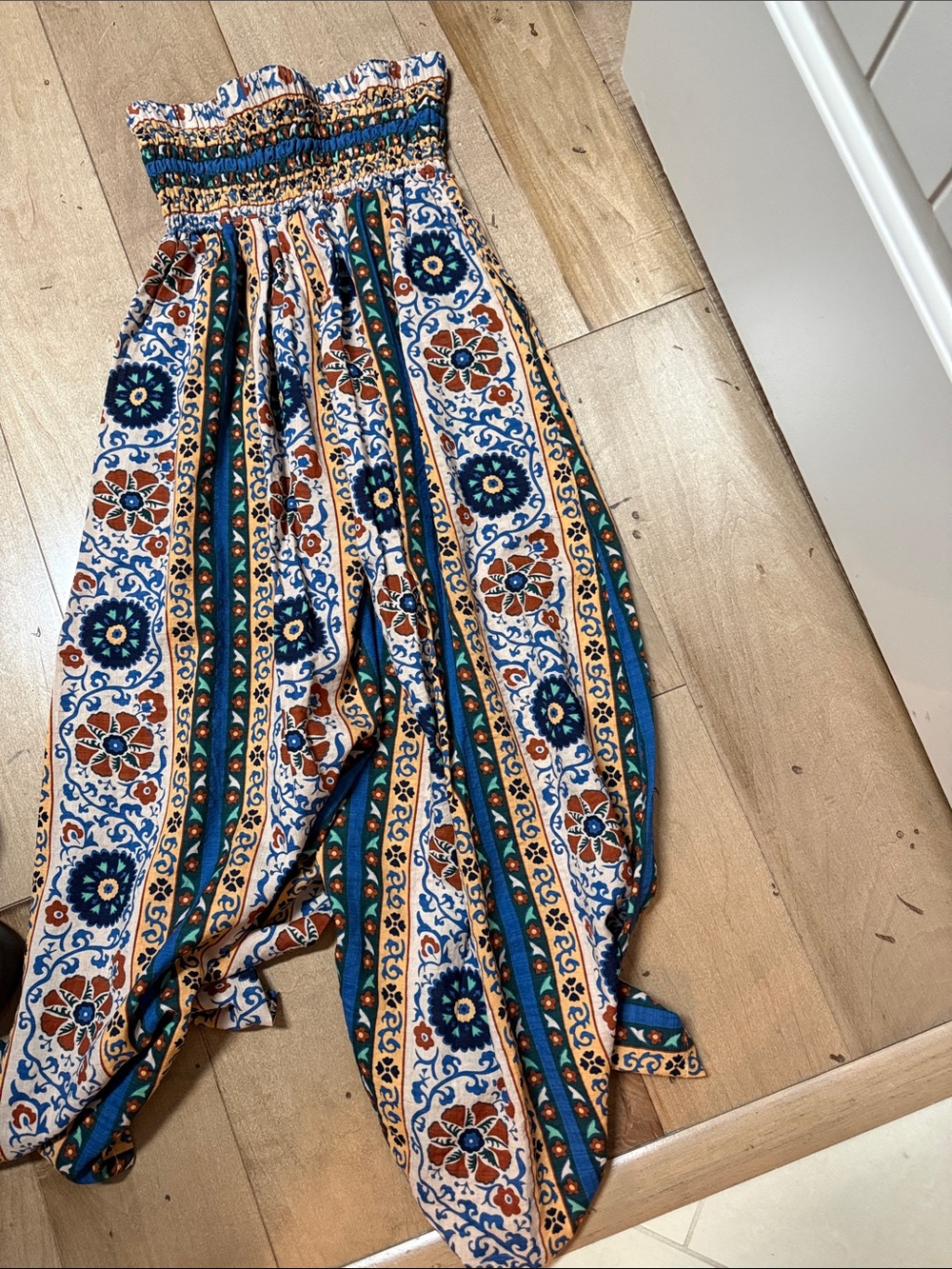 Smocked Waist Bohemian pants in Teal, Rust & Cream